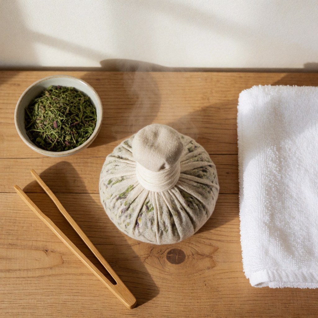 Cataplasme d'herbes chaudes enveloppé dans un tissu, tongs, serviette blanche et herbes sèches dans une tasse sur une table en bois avec lumière naturelle.