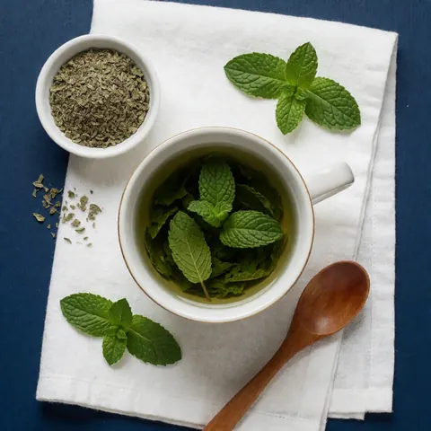 Tasse blanche contenant du thé à la menta, accompagnée de feuilles fraîches, d'une cuillère en bois et d'épices sèches sur un tissu blanc, sur un fond bleu foncé.
