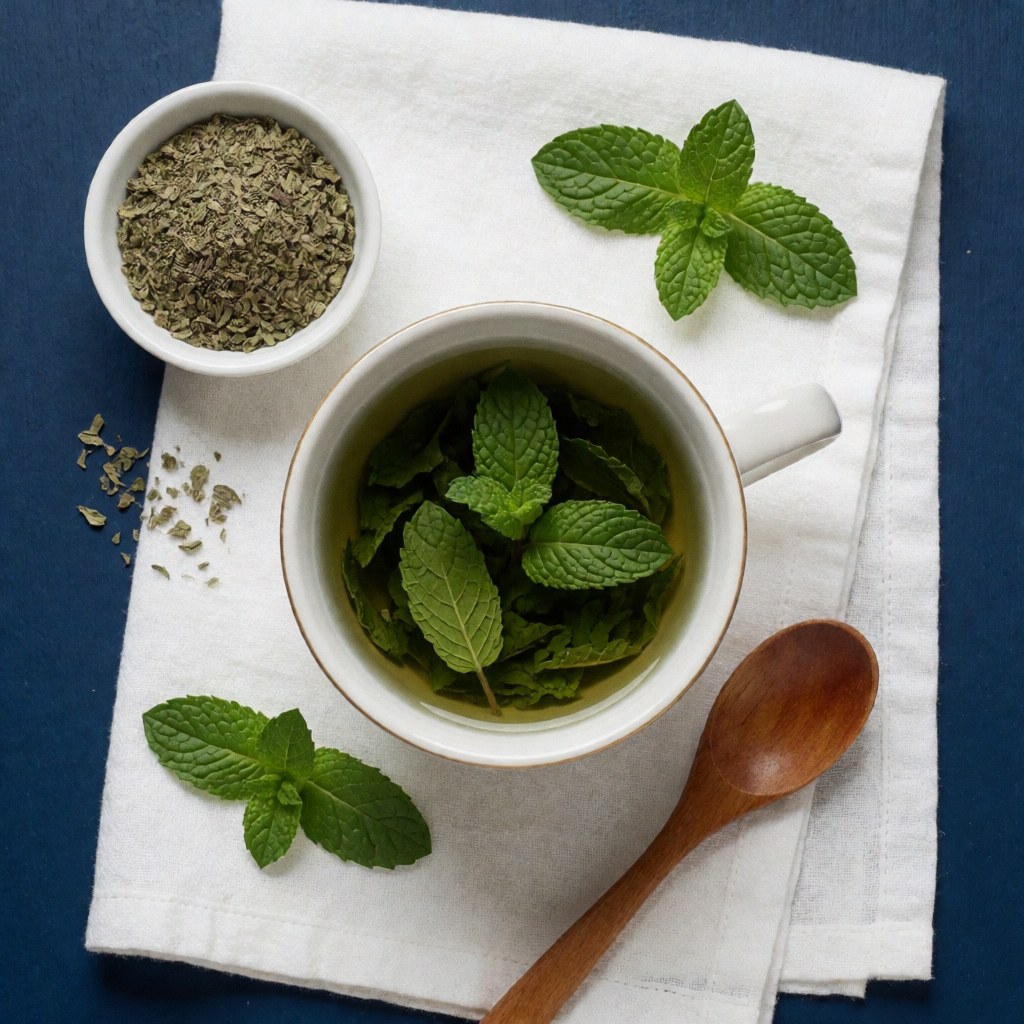Tasse blanche contenant du thé à la menta, accompagnée de feuilles fraîches, d'une cuillère en bois et d'épices sèches sur un tissu blanc, sur un fond bleu foncé.