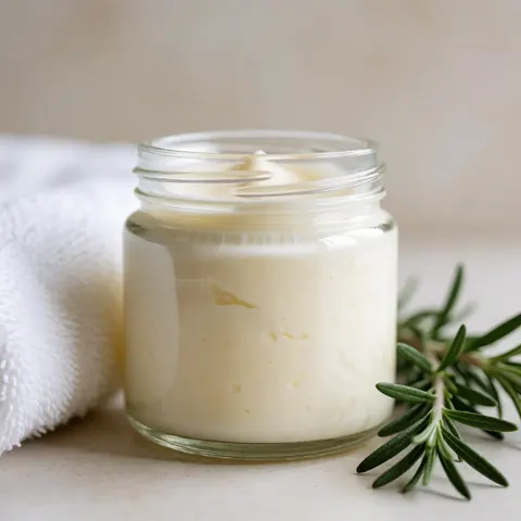 Pot en verre contenant une crème thérapeutique, accompagné d'une serviette blanche et d'une branche de romero frais.