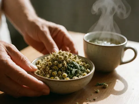 Des mains tiennent une tasse en céramique contenant du thé aux herbes chaud, avec de la vapeur s'élevant, posée sur une table en bois entourée d'herbes séchées.