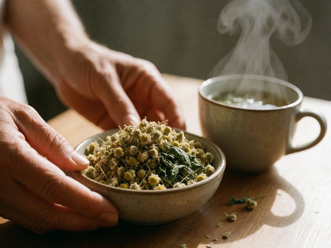 Des mains tiennent une tasse en céramique contenant du thé aux herbes chaud, avec de la vapeur s'élevant, posée sur une table en bois entourée d'herbes séchées.