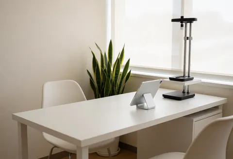 Espace moderne et lumineux équipé d'une table blanche, tablette, goniomètre et plante pour évaluation posturale.