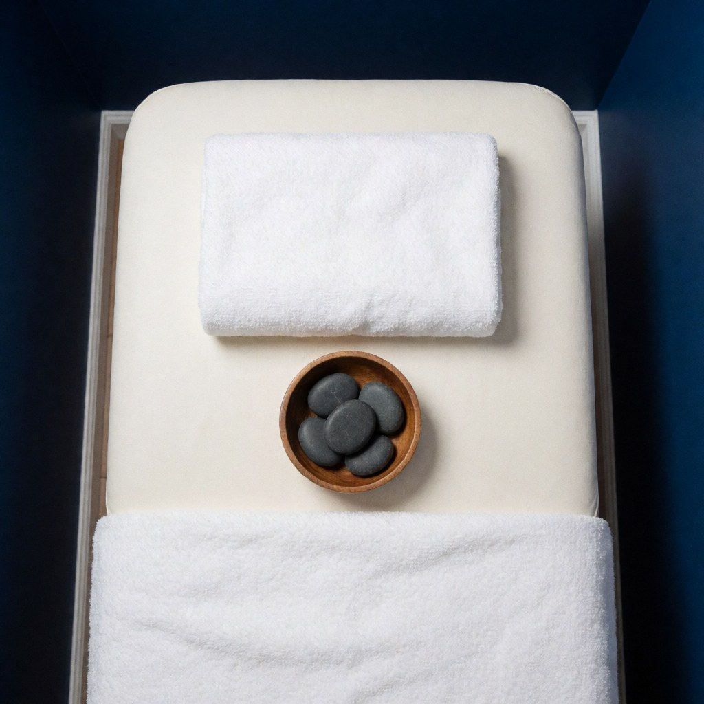 Vue de dessus d'une table de massage avec une serviette blanche, un bol en bois contenant des pierres chaudes et des outils de massage pour la thérapie.