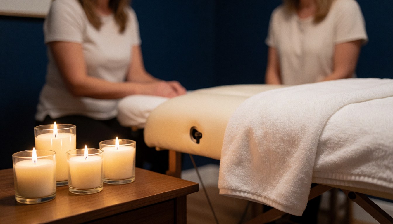 Plusieurs bougies allumées posées sur une surface, créant une ambiance chaleureuse et relaxante dans une pièce sombre.