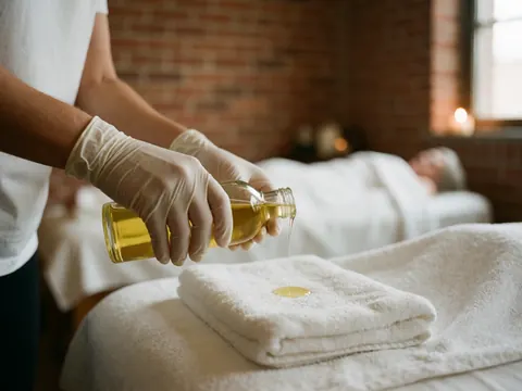 Gouttes d'huile versées sur une serviette blanche, évoquant la détente et le soin corporel en spa.