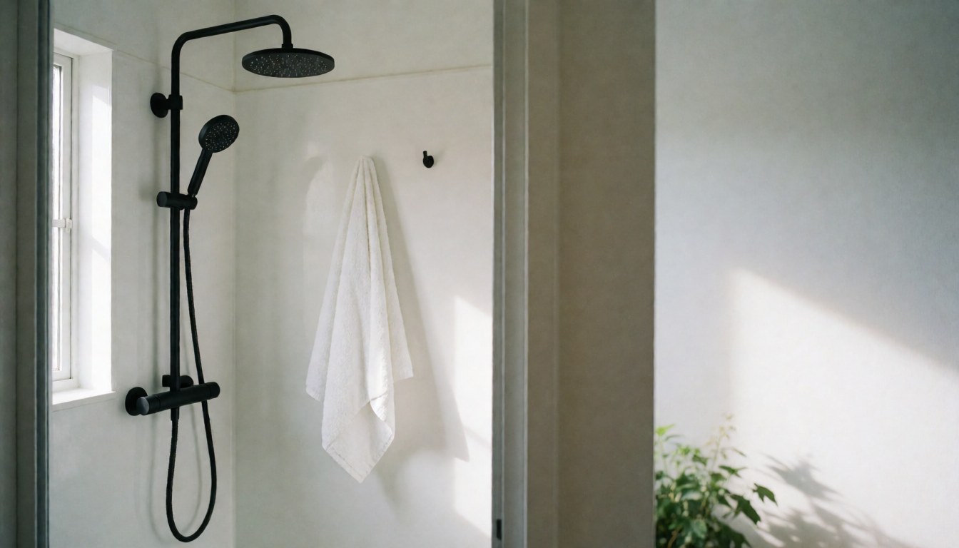 Douche au design contemporain affichant une serviette blanche suspendue, des murs blancs, une lumière naturelle entrant par une fenêtre et une plante verte.