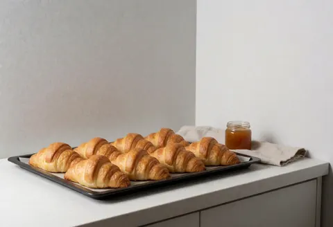 Plusieurs croissants dorés et feuilletés disposés sur un fond uni gris clair, éclairage doux mettant en valeur leur texture croustillante.
