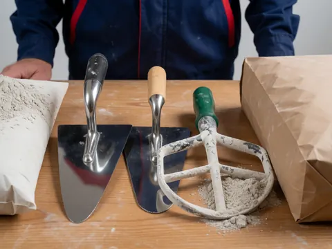 Vue rapprochée de ciseaux posés à côté de divers matériaux de construction sur une surface plane, illustrant les outils nécessaires pour un chantier.