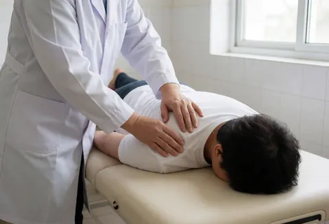 Le thérapeute effectue une mobilisation articulaire manuelle sur l'épaule du patient allongé sur la table de traitement.