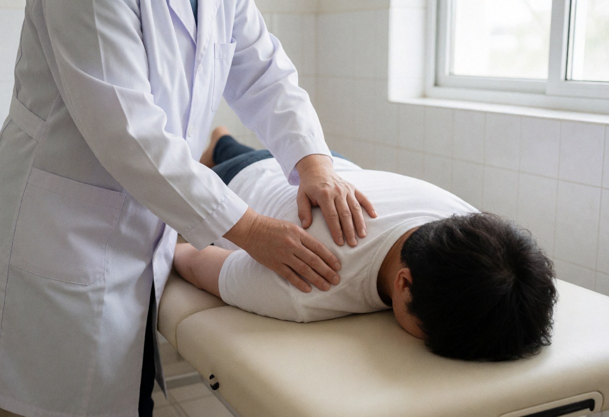 Le thérapeute effectue une mobilisation articulaire manuelle sur l'épaule du patient allongé sur la table de traitement.
