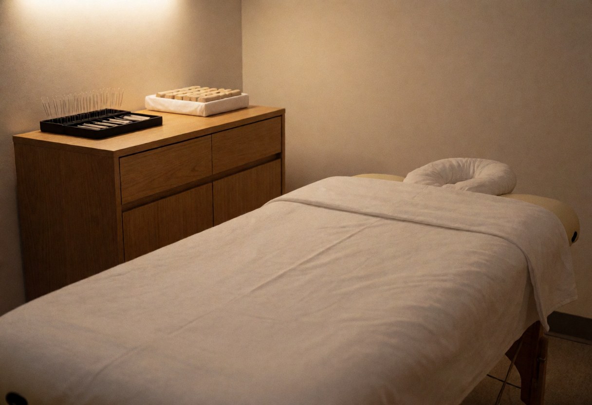 Intérieur calme et minimaliste d'une salle de traitement d'acupuncture avec lit de massage, draps blancs et éclairage doux.