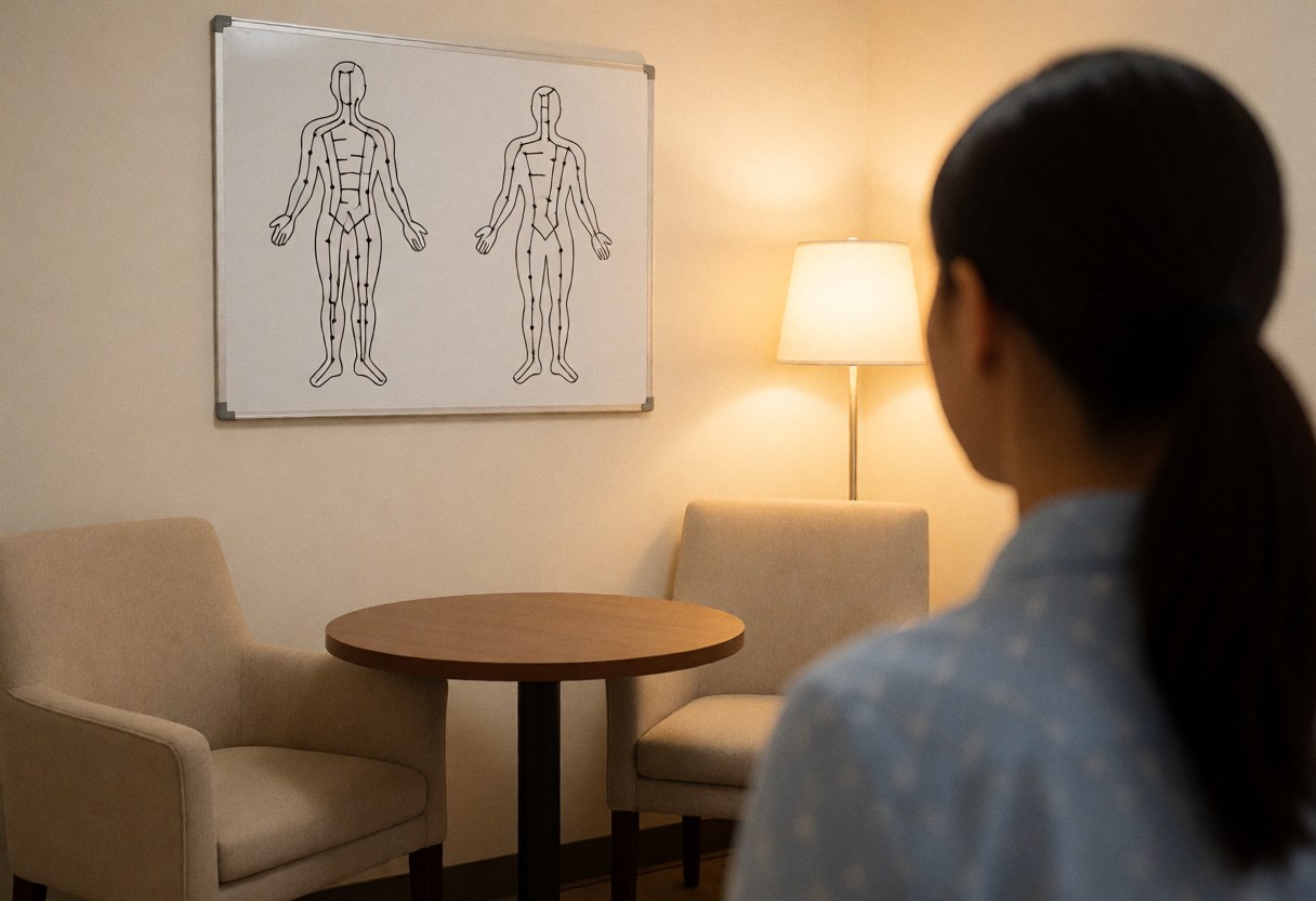 Intérieur d'un cabinet d'acupuncture avec une table de traitement, une chaise et une décoration apaisante en bois beige.