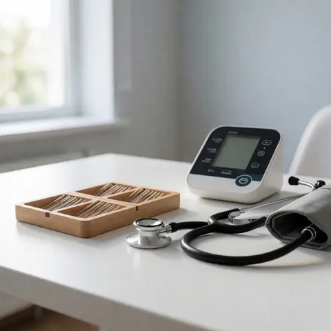 Vue d'ensemble d'un équipement médical occidental dans une clinique, incluant des aiguilles, un stéthoscope et un moniteur de pression sur une table.