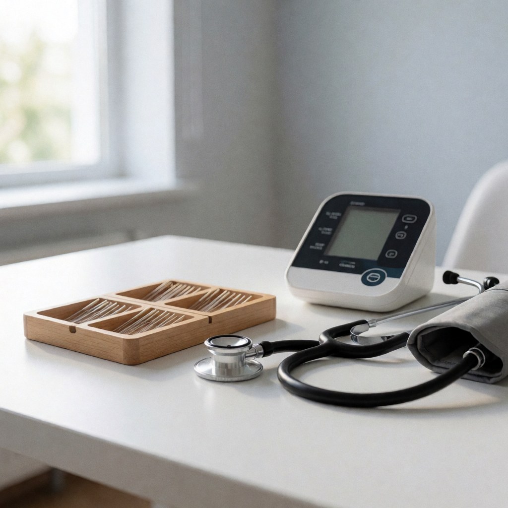 Vue d'ensemble d'un équipement médical occidental dans une clinique, incluant des aiguilles, un stéthoscope et un moniteur de pression sur une table.