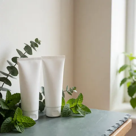 Deux tubes blancs de crème à la menthe et eucalyptus sur une surface en pierre, entourés de feuilles vertes fraîches, éclairés par une lumière naturelle douce.