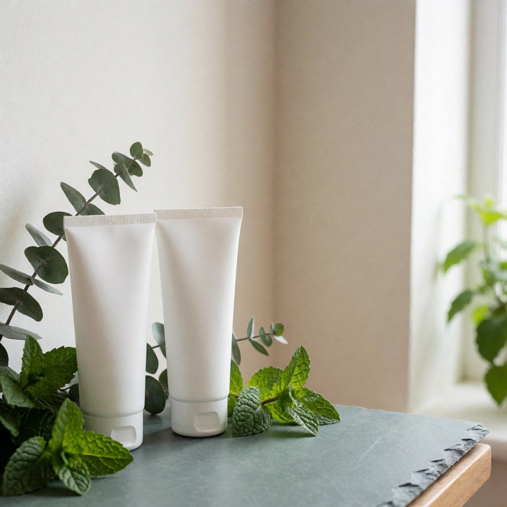Deux tubes blancs de crème à la menthe et eucalyptus sur une surface en pierre, entourés de feuilles vertes fraîches, éclairés par une lumière naturelle douce.