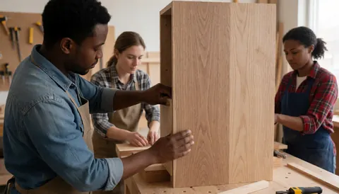 Trois menuisiers travaillent ensemble pour assembler un meuble en bois dans un atelier bien éclairé, avec des outils visibles et une ambiance réaliste de travail manuel.