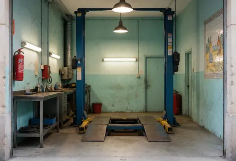 Vue intérieure d'un garage automobile avec outils, vérin hydraulique et extincteur sur fond turquoise.