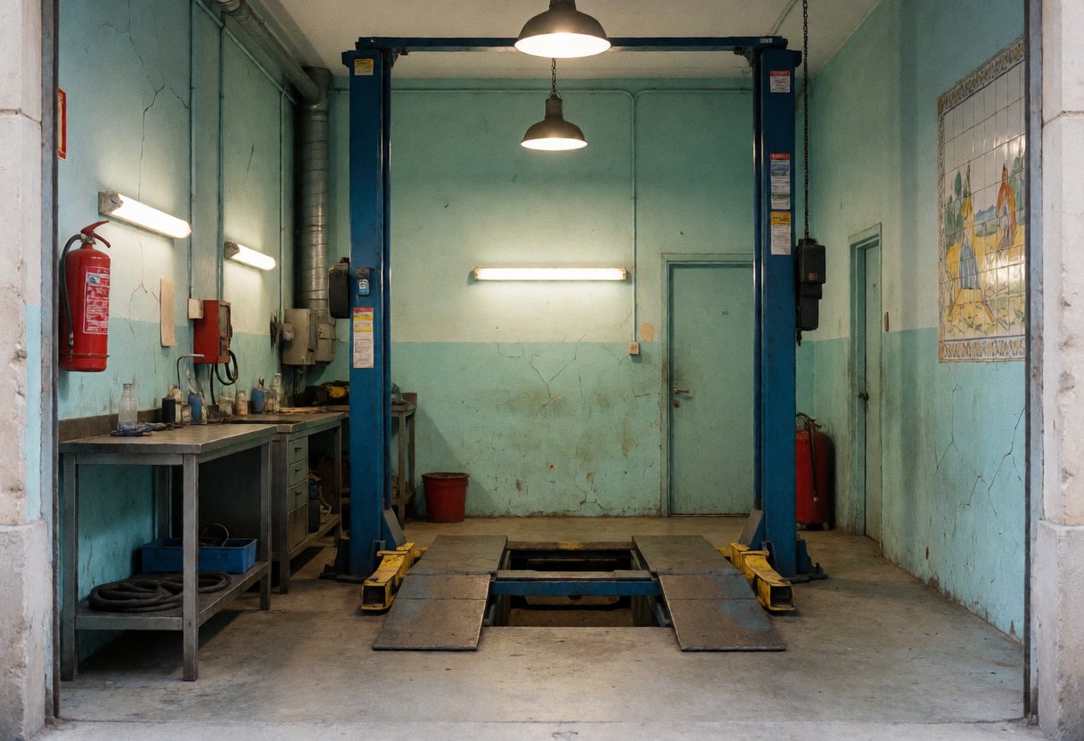 Vue intérieure d'un garage automobile avec outils, vérin hydraulique et extincteur sur fond turquoise.