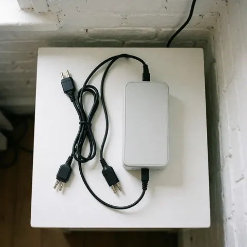 Dispositif médical blanc pour électroacupuncture avec câble noir connecté, posé sur une surface blanche devant un mur de briques peintes en blanc.
