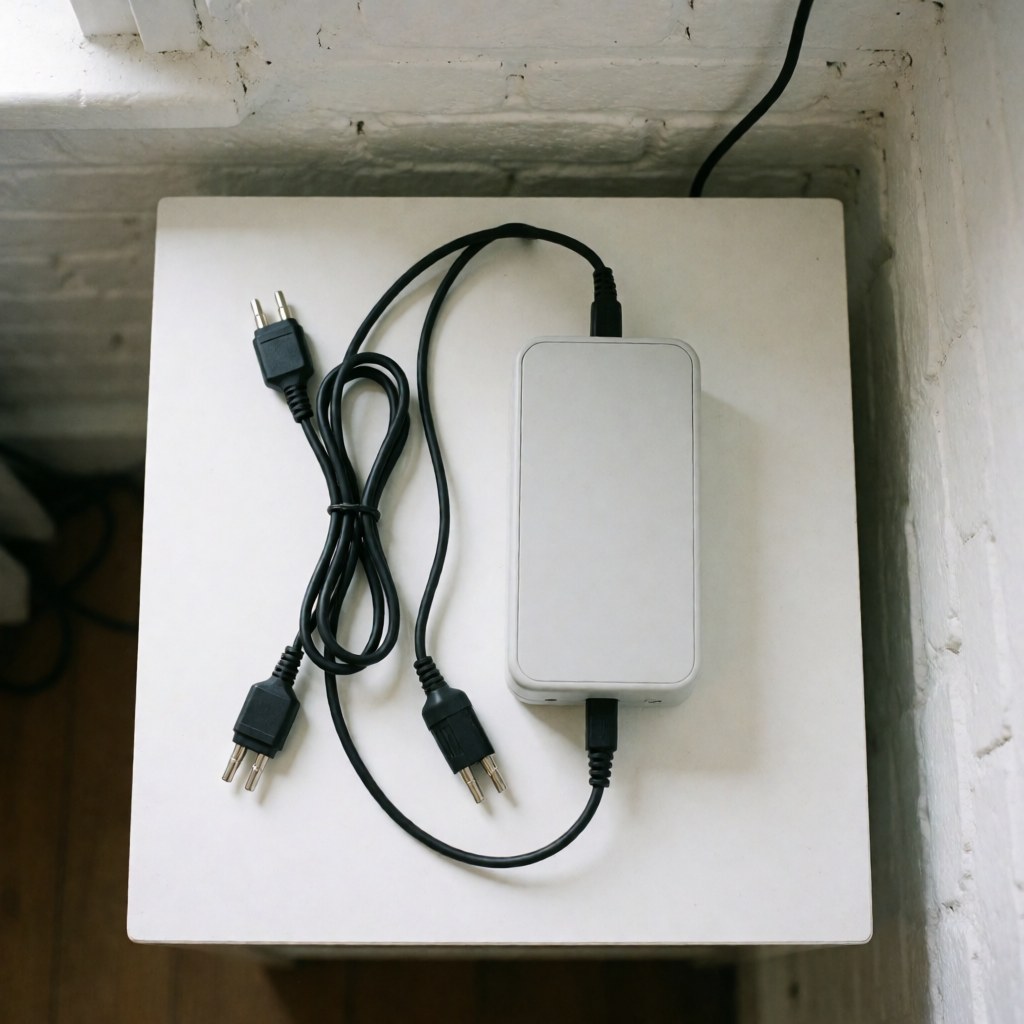 Dispositif médical blanc pour électroacupuncture avec câble noir connecté, posé sur une surface blanche devant un mur de briques peintes en blanc.
