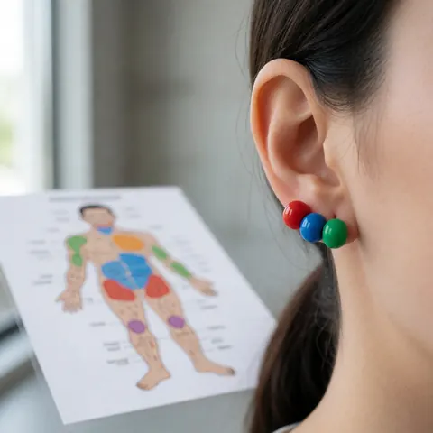 Gros plan montrant des perles d'acupuncture insérées dans le lobe de l'oreille, illustrant les points de pression pour la thérapie alternative et le bien-être.