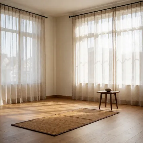 Vue intérieure d'un espace de pratique du qigong, comprenant une table basse, un tapis de sol et des rideaux près d'une fenêtre laissant entrer la lumière naturelle.