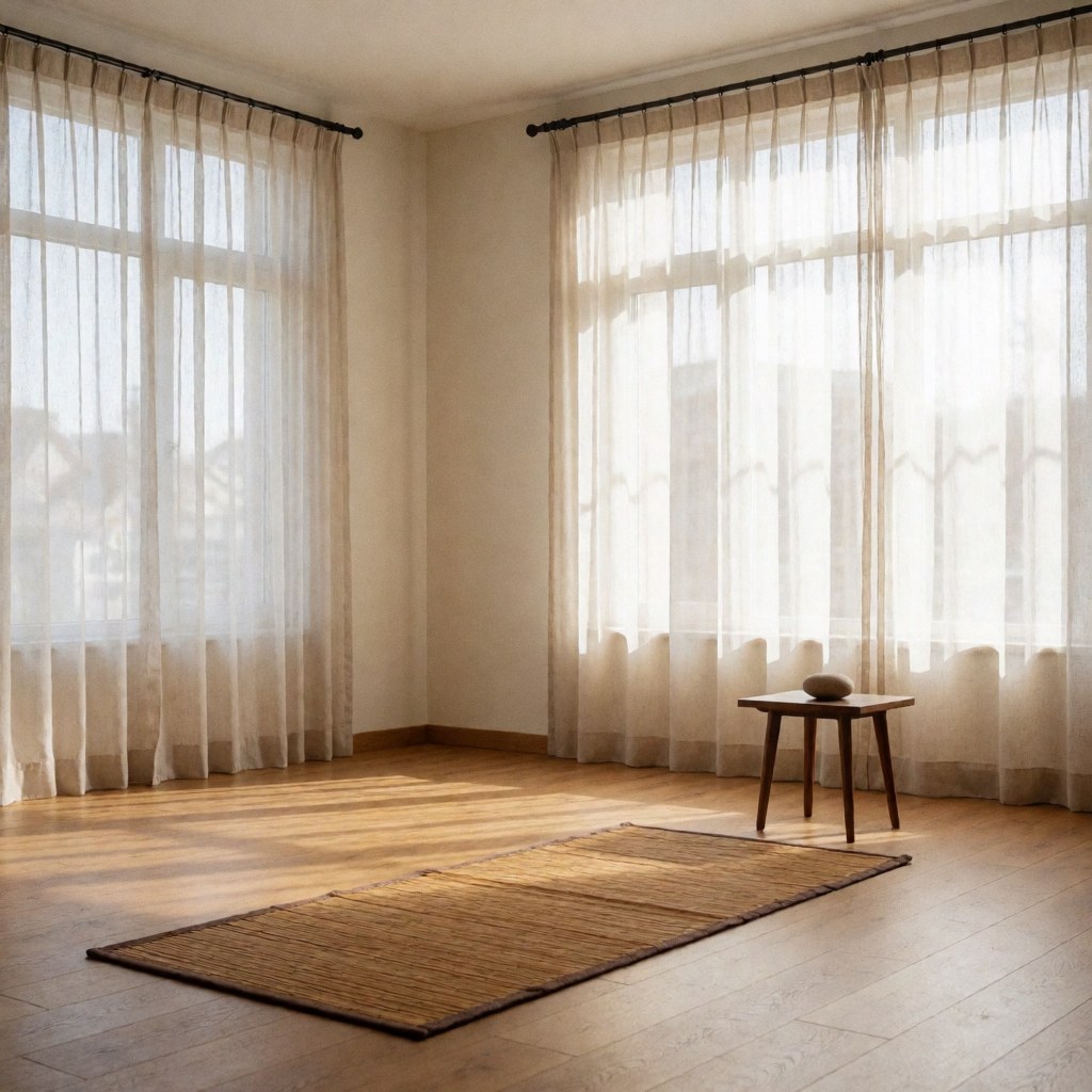 Vue intérieure d'un espace de pratique du qigong, comprenant une table basse, un tapis de sol et des rideaux près d'une fenêtre laissant entrer la lumière naturelle.