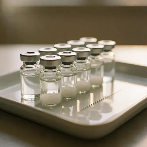 Flacons contenant liquide et granules sur un plateau blanc, une aiguille d'acupuncture, éclairage naturel, ambiance clinique propre et professionnelle.