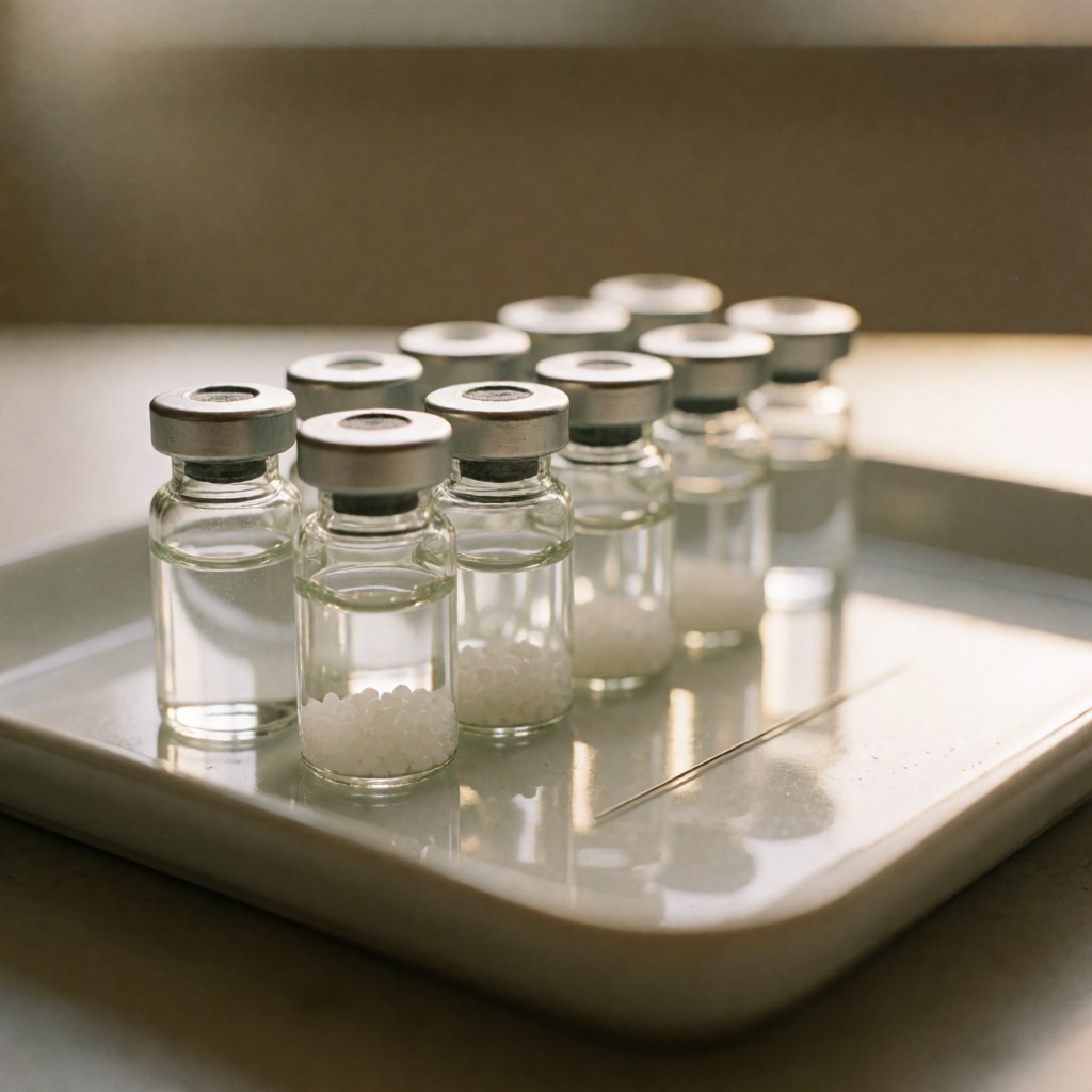 Flacons contenant liquide et granules sur un plateau blanc, une aiguille d'acupuncture, éclairage naturel, ambiance clinique propre et professionnelle.