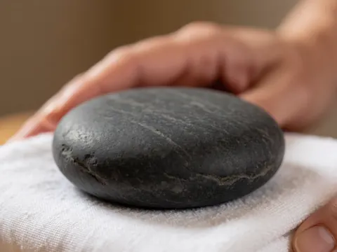 Gros plan d'une pierre de massage chaude posée sur une serviette blanche pliée, mettant en valeur la texture lisse de la pierre et le tissu doux.