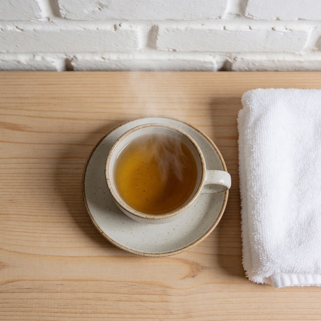 Une tasse en céramique remplie de thé à la camomille chaud, posée sur une table en bois avec une serviette blanche et un mur de briques blanches en arrière-plan.