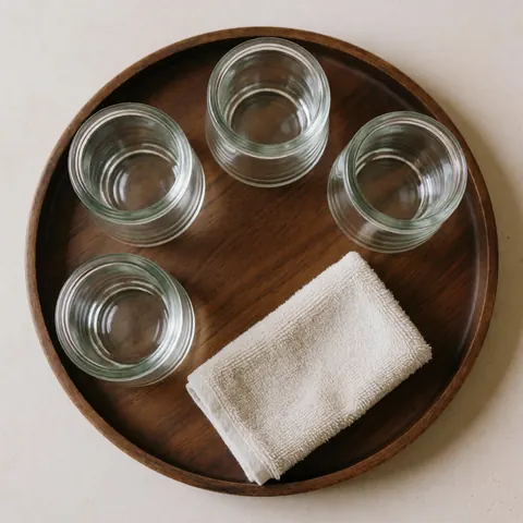 Un ensemble complet de ventouses pour acupuncture disposé proprement sur un plateau en bois, accompagné d'une serviette blanche et d'autres outils de thérapie.
