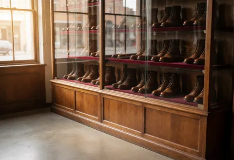 Vitrine en bois contenant des bottes en cuir dans une boutique de chaussures artisanale, éclairée par la lumière naturelle d'une fenêtre sur un sol en béton.