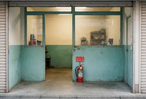 Vue de l'entrée ouverte d'un garage automobile montrant un intérieur éclairé, des murs turquoise usés et un extincteur rouge fixé au mur.