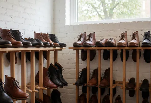 Espace intérieur d'une boutique de chaussures avec des étagères en bois contenant des chaussures en cours de séchage, sur un fond de murs blancs et de fenêtres.
