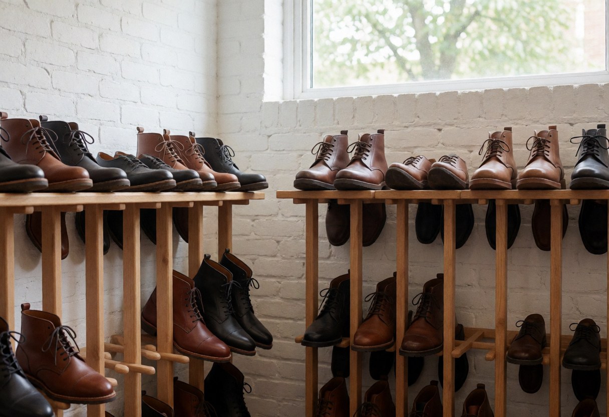Espace intérieur d'une boutique de chaussures avec des étagères en bois contenant des chaussures en cours de séchage, sur un fond de murs blancs et de fenêtres.