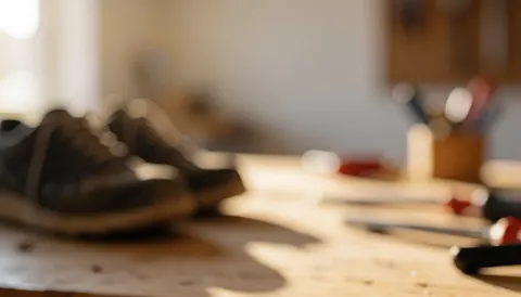 Fond d'atelier de cordonnier avec du bois et des outils posés sur une table, créant une ambiance chaleureuse et professionnelle pour un texte.