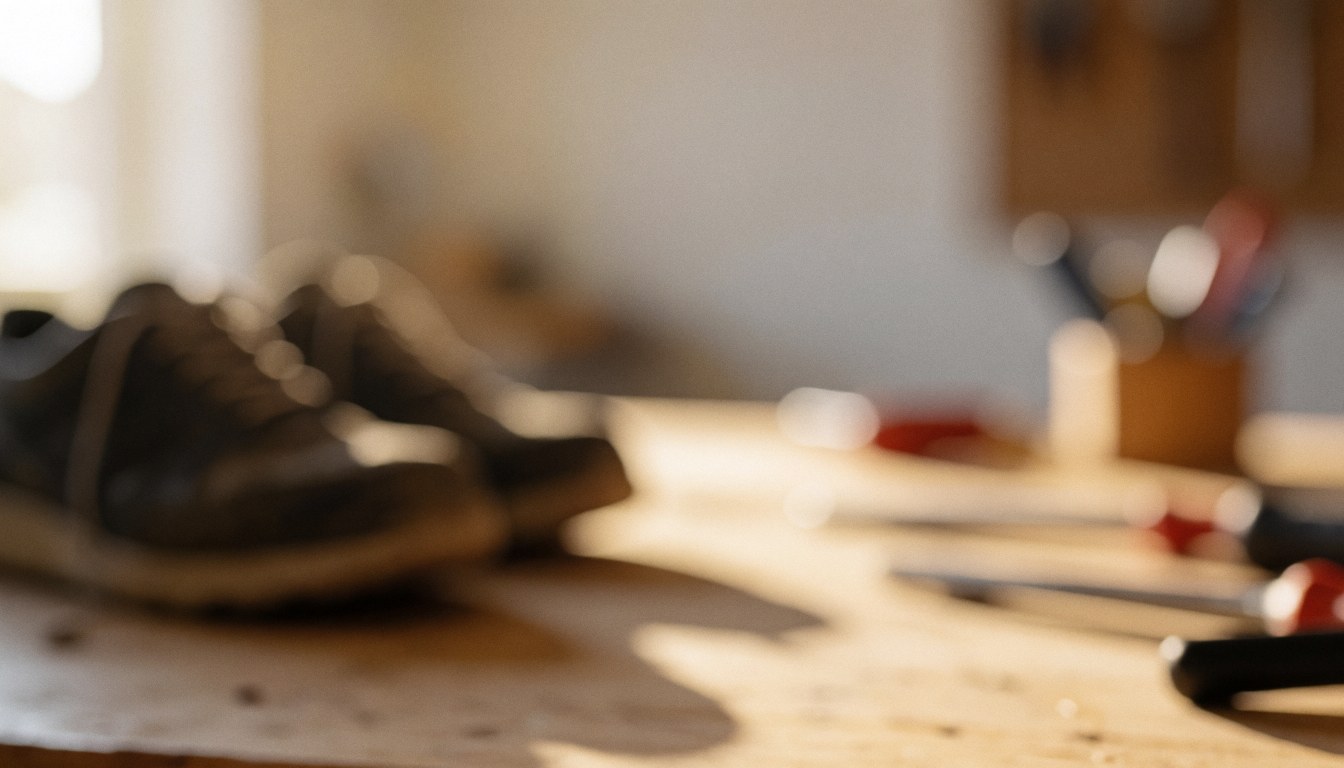 Fond d'atelier de cordonnier avec du bois et des outils posés sur une table, créant une ambiance chaleureuse et professionnelle pour un texte.