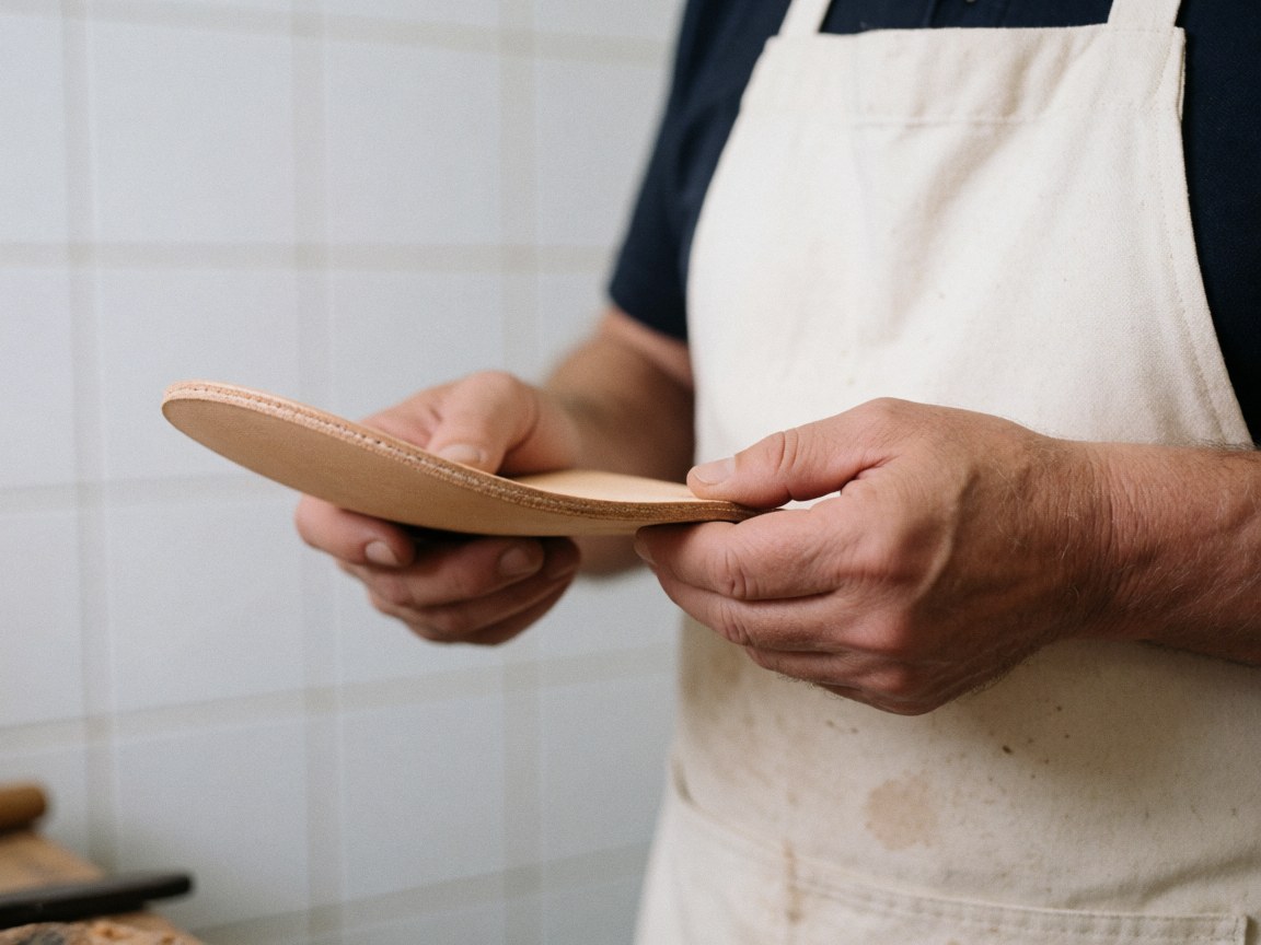 Un artisan cordonnier tient une semelle en cuir naturel dans son atelier, entouré de carreaux blancs et d'outils visibles, mettant en valeur la texture du matériau.