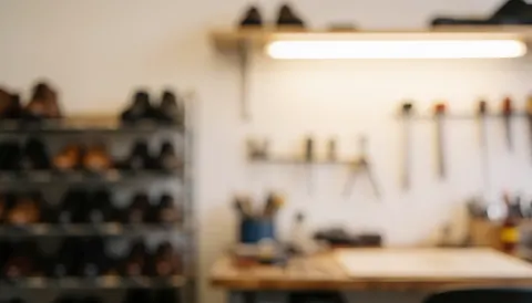 Vue d'un atelier de cordonnerie avec outils, chaussures et étagères sur fond neutre pour texte