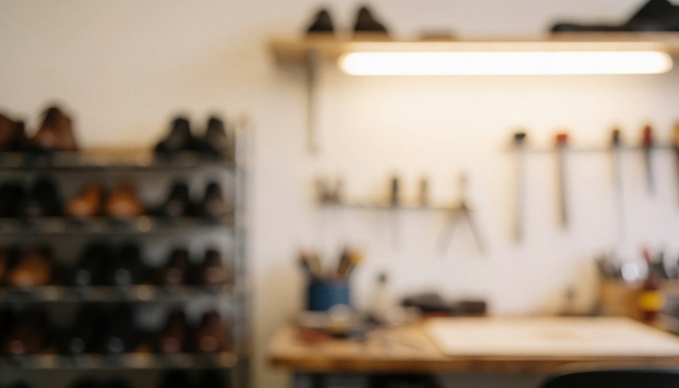 Vue d'un atelier de cordonnerie avec outils, chaussures et étagères sur fond neutre pour texte