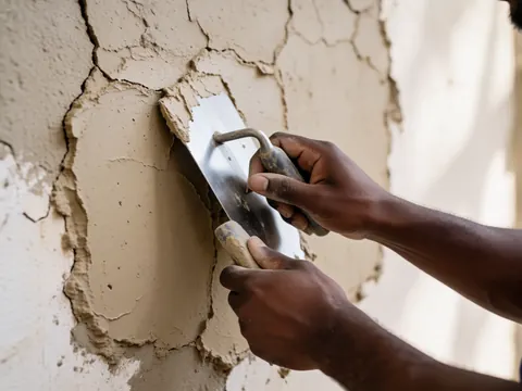 Gros plan montrant des mains en train d'étaler uniformément du plâtre avec une truelle sur une surface de construction.