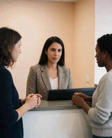 Une réceptionniste professionnelle et souriante accueille un client à l'accueil d'un bureau moderne.