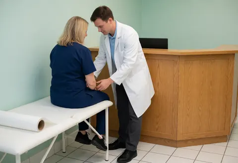 Un médecin en blouse blanche examine le bras d'une femme assise sur une table d'examen dans un cabinet médical aux murs verts.