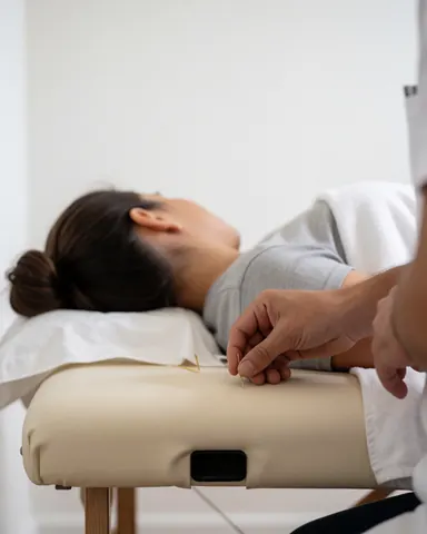 Un patient allongé sur une table de traitement, les yeux fermés, dans un état de relaxation profonde après une séance d'acupunctures.