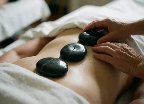 Mains appliquant un massage relaxant avec des pierres chaudes sur l'abdomen, draps blancs et ambiance naturelle.