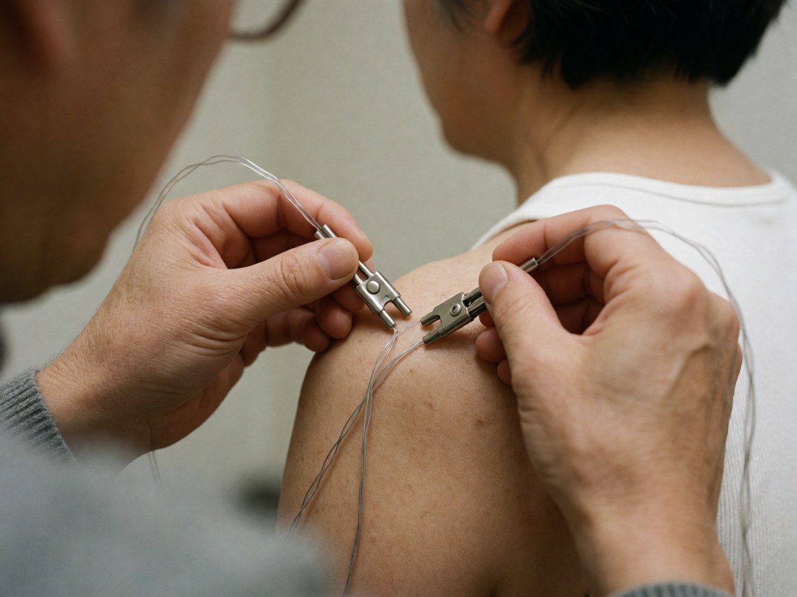 Thérapeute fixant des électrodes sur les aiguilles d'acupuncture dans l'épaule d'un patient pour un traitement de douleur.
