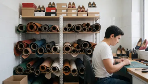 Vue d'un atelier de cordonnier organisé avec des rouleaux de cuir, des chaussures et des outils de travail sur une table près d'une fenêtre.